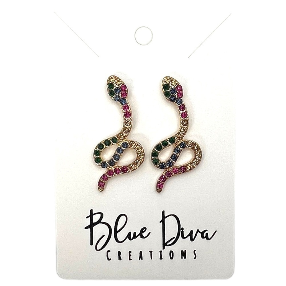 GOLD Rhinestone Crystal Snake Post Earrings - Picture 4 of 8